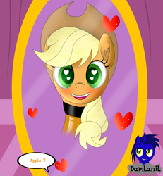 Size: 3840x4154 | Tagged: safe, alternate version, artist:damlanil, applejack, earth pony, pony, g4, apple, blushing, carousel boutique, catsuit, clothes, comic, cute, female, happy, heart, heart eyes, high res, jackabetes, latex, latex suit, looking at you, mare, mirror, open mouth, open smile, rubber, shine, shiny, simple background, smiling, solo, spy, suit, text, that pony sure does love apples, vector, wingding eyes