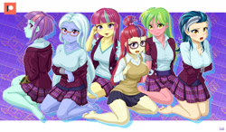 Size: 1600x935 | Tagged: safe, artist:uotapo, indigo zap, lemon zest, moondancer, sour sweet, sugarcoat, sunny flare, equestria girls, abstract background, adoraflare, adorasexy, alternate hairstyle, arm under breasts, barefoot, big breasts, blushing, breasts, busty indigo zap, busty moondancer, busty shadow five, busty sour sweet, busty sugarcoat, cleavage, clothes, crystal prep academy uniform, curvy, cute, cute little fangs, dancerbetes, embarrassed, equestria girls-ified, eyelashes, eyeshadow, fangs, feet, female, freckles, frown, glasses, hand on breasts, kneeling, legs, lips, looking at you, loose hair, makeup, meganekko, miniskirt, open mouth, patreon, patreon logo, pipboy, plaid skirt, pleated skirt, school uniform, schoolgirl, sexy, shadow five, shirt, skirt, smiling, smiling at you, snaggletooth, sourbetes, sugarcute, sweater vest, thighs, topknot, zapabetes, zestabetes