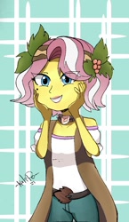 Size: 698x1200 | Tagged: safe, artist:kalipoart, vignette valencia, equestria girls, g4, my little pony equestria girls: better together, abstract background, cute, female, flower, flower in hair, hands on cheeks, holly, solo, valenciadorable