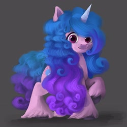Size: 3893x3893 | Tagged: safe, artist:ailatf, izzy moonbow, pony, unicorn, g5, cute, female, gray background, high res, hoof fluff, izzybetes, looking at you, mare, raised hoof, simple background, smiling, solo, unshorn fetlocks