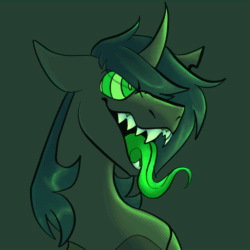 Size: 1000x1000 | Tagged: safe, artist:rockin_candies, oc, oc:xodious, changeling, animated, changeling oc, forked tongue, gif, green tongue, hypno eyes, hypnosis, kaa eyes, long tongue, sharp teeth, teeth, tongue out