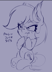 Size: 2125x2928 | Tagged: safe, artist:freefraq, oc, oc only, oc:filly anon, angry, belly button, female, filly, high res, juice, juice box, monochrome