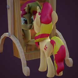 Size: 4000x4000 | Tagged: safe, artist:wissle, sunset shimmer, pony, unicorn, g4, 3d, absurd resolution, atg 2021, blender, female, mare, mirror, newbie artist training grounds, raised leg, reflection, simple background, smiling, solo