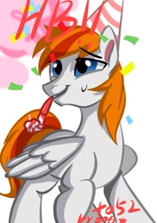 Size: 640x905 | Tagged: safe, artist:oofycolorful, oc, oc:felix gulfstream, pegasus, pony, hat, male, party hat, party horn, simple background, white background