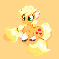 Size: 2500x2500 | Tagged: safe, artist:rurihal, applejack, earth pony, pony, g4, alternate hairstyle, chest fluff, cute, ear fluff, freckles, high res, hoof fluff, jackabetes, orange background, simple background, solo