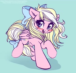 Size: 4096x3909 | Tagged: safe, artist:chaosangeldesu, oc, oc only, oc:bay breeze, pegasus, pony, blushing, bow, commission, cute, female, hair bow, heart eyes, looking at you, mare, open mouth, pegasus oc, simple background, tail bow, wingding eyes, ych result