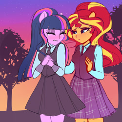Size: 1280x1280 | Tagged: safe, artist:xjenn9, sci-twi, sunset shimmer, twilight sparkle, equestria girls, g4, clothes, crying, crystal prep academy uniform, female, glasses off, missing accessory, ponied up, pony ears, ponytail, school uniform, sketch