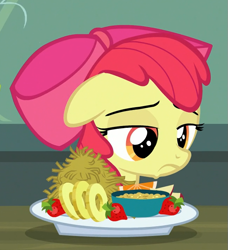 Size: 651x714 | Tagged: safe, screencap, apple bloom, earth pony, pony, brotherhooves social, g4, season 5, breakfast, cropped, female, filly, floppy ears, frown, solo