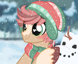Size: 3043x2503 | Tagged: safe, artist:emberslament, oc, oc only, oc:pitch kritter pine, earth pony, pony, blaze (coat marking), blushing, clothes, coat markings, cute, earth pony oc, facial markings, hat, heart eyes, high res, male, ocbetes, scarf, snow, snowpony, socks (coat markings), solo, stallion, unshorn fetlocks, wingding eyes, winter, winter outfit