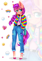 Size: 2048x3000 | Tagged: safe, artist:meqiopeach, sunny starscout, earth pony, anthro, unguligrade anthro, g5, bag, braid, clothes, cute, eyelashes, female, full body, hairpin, hand in pocket, high res, hoodie, jeans, looking at you, mare, pants, rainbow, shirt, solo, standing, sunnybetes, tail, zoom layer