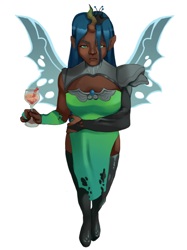 Size: 640x856 | Tagged: safe, artist:teafork, queen chrysalis, human, g4, armor, clothes, crown, dark skin, dress, drink, female, horn, horned humanization, humanized, jewelry, looking at you, looking up, looking up at you, regalia, simple background, solo, white background, winged humanization, wings
