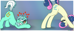 Size: 1004x429 | Tagged: safe, artist:llametsul, bon bon, lyra heartstrings, sweetie drops, earth pony, pony, unicorn, g4, ass up, atg 2021, couple, cute, cutie mark, downward dog, eyes on the prize, face down ass up, female, floating heart, heart, heart eyes, lesbian, looking at butt, looking at each other, looking between legs, love, lyrabetes, mare, newbie artist training grounds, ship:lyrabon, shipping, wingding eyes, yoga