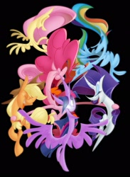 Size: 1500x2048 | Tagged: safe, artist:brdte, applejack, fluttershy, pinkie pie, rainbow dash, rarity, twilight sparkle, alicorn, earth pony, pegasus, pony, unicorn, g4, big hair, black background, cartoon, cartoony, exaggerated anatomy, eyes closed, female, flying, glowing eyes, group shot, impossibly long neck, mane six, mare, open mouth, simple background, spread wings, stylized, twilight sparkle (alicorn), upside down, white eyes, wings