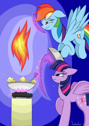 Size: 2480x3507 | Tagged: safe, artist:twidasher, rainbow dash, twilight sparkle, alicorn, pegasus, pony, g4, boiling, cooking, duo, female, fire, floppy ears, flying, food, force field, french fries, frying pan, gradient background, hay fries, high res, lesbian, magic, mare, oil, ship:twidash, shipping, signature, twilight sparkle (alicorn), wavy mouth