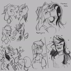 Size: 2048x2048 | Tagged: safe, artist:djsketchbook, applejack, rainbow dash, earth pony, human, pegasus, pony, g4, boop, clothes, eyebrows, eyes closed, female, folded wings, freckles, hat, heart, high res, humanized, kissing, lesbian, lidded eyes, looking at each other, looking at someone, love struck, mare, monochrome, open mouth, overalls, ship:appledash, shipping, shirt, sketch, smiling, spread wings, tongue out, wings