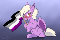 Size: 3000x2000 | Tagged: safe, artist:aurorafang, oc, oc only, oc:pinkfull night, bat pony, pony, asexual, asexual pride flag, bat pony oc, blushing, fangs, female, glasses, high res, pride, pride flag, shy, solo, teenager