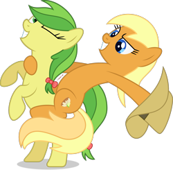 Size: 2126x2086 | Tagged: safe, artist:starcollider, apple cobbler, apple fritter, earth pony, pony, g4, apple cobbler riding apple fritter, apple family member, atg 2021, cowboy hat, duo, duo female, female, gritted teeth, hat, high res, looking at each other, mare, newbie artist training grounds, one eye closed, ponies riding ponies, raised hoof, riding, show accurate, simple background, transparent background, vector, wink