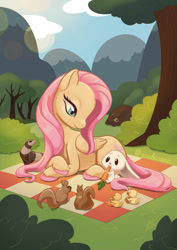 Size: 1024x1449 | Tagged: safe, artist:anabarana, angel bunny, fluttershy, harry, bird, duck, ferret, pegasus, pony, squirrel, g4, angelbetes, carrot, crossed hooves, cute, duckling, eating, female, food, herbivore, lying down, mare, picnic, picnic blanket, prone, shyabetes, unshorn fetlocks