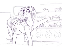 Size: 1700x1354 | Tagged: safe, artist:sirmasterdufel, oc, oc only, oc:claire, earth pony, pony, butt, cake, chubby, earth pony oc, female, food, large butt, mare, monochrome, solo