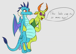 Size: 1280x913 | Tagged: safe, artist:8aerondight8, princess ember, thorax, changedling, changeling, dragon, g4, belly, big belly, bipedal, changeling king, changeling x dragon, dragoness, dragons breeding changelings, female, gray background, interspecies, king thorax, male, mama ember, papa thorax, pregnant, ship:embrax, shipping, simple background, straight