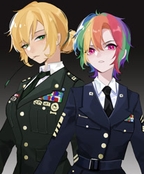 Size: 500x605 | Tagged: artist needed, source needed, safe, artist:feifeiyouji, applejack, rainbow dash, human, g4, clothes, dress uniform, duo, female, gradient background, humanized, military uniform, necktie, straw in mouth, uniform