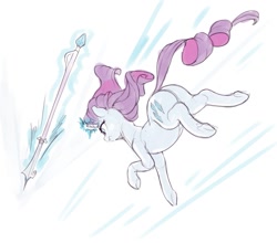 Size: 1137x1000 | Tagged: safe, artist:sirmasterdufel, rarity, pony, g4, action pose, glowing horn, horn, javelin, magic, sewing needle, solo, spear, telekinesis, weapon