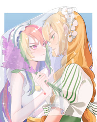 Size: 500x627 | Tagged: safe, artist:feifeiyouji, applejack, rainbow dash, human, g4, bouquet, duo, female, flower, humanized, lesbian, looking at each other, looking into each others eyes, marriage, ship:appledash, shipping, veil, wedding