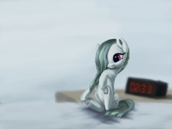 Size: 3000x2250 | Tagged: safe, artist:flusanix, marble pie, earth pony, pony, g4, alarm clock, bed, clock, female, frog (hoof), hair over one eye, high res, mare, micro, open mouth, raised hoof, sitting, smiling, solo, three quarter view, underhoof