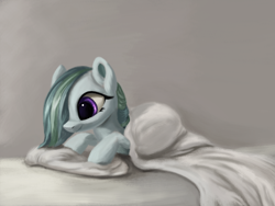 Size: 3000x2250 | Tagged: safe, artist:flusanix, marble pie, earth pony, pony, g4, blanket, female, hair over one eye, high res, lying down, mare, prone, smiling, solo