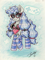 Size: 2676x3582 | Tagged: safe, artist:dandy, oc, oc only, oc:cinnabyte, earth pony, pony, blushing, clothes, colored pencil drawing, female, glasses, hair tie, headset, high res, looking at you, scarf, smiling, socks, solo, traditional art