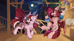 Size: 3600x2000 | Tagged: safe, artist:dreamweaverpony, oc, oc only, oc:dusty ember, oc:velvet silverwing, bat pony, pony, bat pony oc, book, chest fluff, ear fluff, flask, hat, high res, inkwell, moon, night, potion, quill, wizard hat
