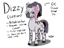 Size: 4098x3072 | Tagged: safe, artist:datzigga, oc, oc only, oc:dizzy, pony, zebra, bags under eyes, glasses, male, original character do not steal, piercing, reference sheet, solo, stallion, zebra oc
