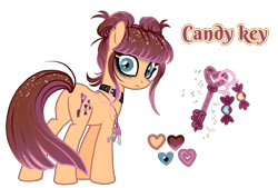 Size: 1596x1080 | Tagged: safe, artist:jvartes6112, oc, oc only, oc:candy key, earth pony, pony, choker, earth pony oc, ethereal mane, eyeliner, female, heart, key, looking back, makeup, mare, offspring, parent:cheese sandwich, parent:pinkie pie, parents:cheesepie, reference sheet, simple background, solo, starry mane, transparent background