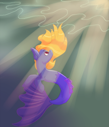 Size: 2267x2645 | Tagged: safe, artist:fundara, oc, oc only, merpony, sea pony, crepuscular rays, dorsal fin, fish tail, flowing mane, high res, looking up, red eyes, solo, sunlight, tail, underwater, yellow mane