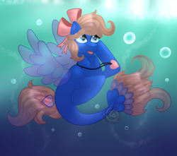 Size: 1699x1500 | Tagged: safe, artist:skylethrin, oc, oc only, pegasus, pony, seapony (g4), bubble, commission, crepuscular rays, dorsal fin, fin wings, fish tail, flowing tail, jewelry, necklace, ocean, ribbon, seaponified, solo, species swap, sunlight, underwater, water, wings, ych result