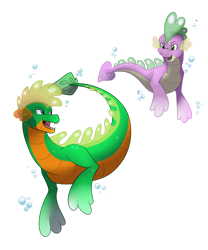 Size: 1280x1539 | Tagged: safe, artist:eternity9, spike, oc, dragon, sea dragon, g4, bubble, looking at each other, male, open mouth, simple background, species swap, spike the seadragon, swimming, transparent background