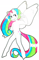Size: 1254x1920 | Tagged: safe, artist:aa-ko-sama, oc, oc only, alicorn, anthro, unguligrade anthro, alicorn oc, horn, peace sign, simple background, smiling, solo, white background, wings