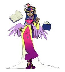 Size: 6000x6600 | Tagged: safe, artist:verryberrymochi, twilight sparkle, human, g4, alicorn humanization, book, clothes, dark skin, dress, ear piercing, earring, female, grin, high heels, horn, horned humanization, humanized, jewelry, necklace, piercing, shoes, simple background, smiling, solo, transparent background, winged humanization