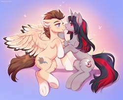 Size: 1238x1004 | Tagged: safe, artist:margony, oc, oc only, oc:drave, oc:flydry, pegasus, pony, unicorn, blushing, chest fluff, coat markings, ear fluff, facial markings, female, gradient background, horn, kissing, leg fluff, looking at each other, male, mare, nose kiss, shipping, sitting, socks (coat markings), spread wings, stallion, star (coat marking), wings