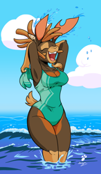 Size: 1178x2011 | Tagged: safe, artist:duragan, shanty (tfh), goat, anthro, them's fightin' herds, arm behind head, balaclava, beach, breasts, brown fur, busty shanty, cleavage, clothes, cloud, community related, cute, day, ears up, eyes closed, facial hair, goatee, one-piece swimsuit, open mouth, seaside, solo, splashing, stupid sexy shanty, summer, swimsuit, water, wave, wide hips