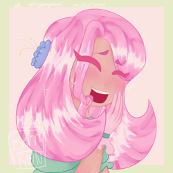 Size: 3000x3000 | Tagged: safe, artist:verryberrymochi, fluttershy, human, g4, :d, blushing, clothes, cute, dress, eyes closed, female, flower, flower in hair, gloves, high res, humanized, laughing, open mouth, shyabetes, solo