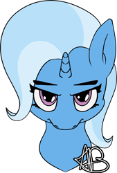 Size: 532x787 | Tagged: safe, artist:mranthony2, trixie, pony, unicorn, g4, angry, bust, hatless, head down, looking at you, missing accessory, portrait, simple background, solo, transparent background
