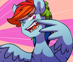 Size: 4175x3570 | Tagged: safe, artist:chub-wub, rainbow dash, pegasus, pony, g4, chest fluff, fangs, one eye closed, open mouth, sharp teeth, solo, teeth, wing hands, wings