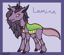 Size: 1750x1500 | Tagged: safe, artist:misskanabelle, oc, oc only, oc:lumina, changedling, changeling, pony, abstract background, adopted offspring, changedling oc, changeling oc, ethereal mane, female, parent:pinkie pie, parent:princess skystar, parents:skypie, signature, solo, starry mane