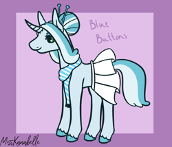Size: 1750x1500 | Tagged: safe, artist:misskanabelle, oc, oc only, oc:blue buttons, pony, unicorn, abstract background, clothes, female, horn, mare, offspring, parent:photo finish, parent:pokey pierce, parents:photopierce, scarf, signature, skirt, smiling, solo, unicorn oc, unshorn fetlocks