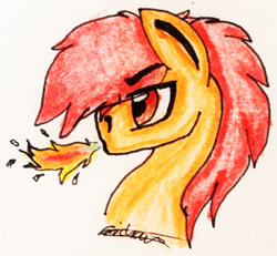 Size: 2104x1940 | Tagged: safe, artist:beamybutt, oc, oc only, earth pony, pony, bust, earth pony oc, eyelashes, fire, fire breath, signature, solo, traditional art