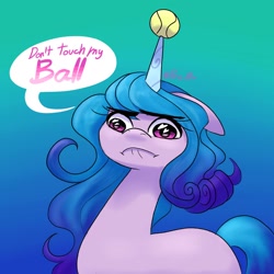 Size: 1024x1024 | Tagged: safe, artist:elcy_bellcup, izzy moonbow, pony, unicorn, g5, ball, faic, female, floppy ears, gradient background, heart eyes, horn, horn guard, horn impalement, hornball, izzy's tennis ball, lip bite, mare, signature, solo, speech bubble, tennis ball, wingding eyes