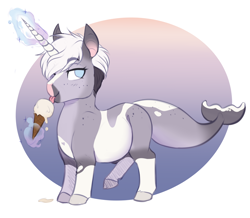 Size: 2730x2379 | Tagged: safe, artist:askbubblelee, oc, oc only, oc:trots n socks, pony, sea pony, whale pony, chibi, cute, digital art, female, food, glowing horn, high res, horn, ice cream, licking, magic, mare, misleading thumbnail, ocbetes, ponysona, smiling, solo, tongue out