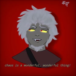 Size: 1080x1080 | Tagged: safe, artist:anha_draw, discord, human, g4, the return of harmony, fangs, glowing eyes, humanized, quote, red background, signature, simple background, white hair