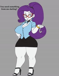 Size: 2800x3600 | Tagged: source needed, safe, alternate version, artist:darkeros13, rarity, equestria girls, g4, bedroom eyes, bracelet, breasts, busty rarity, choker, cleavage, clothes, ear piercing, earring, feet, female, glasses, gray background, hand on hip, high heels, high res, jewelry, makeup, nail polish, piercing, ponytail, shoes, simple background, solo, talking